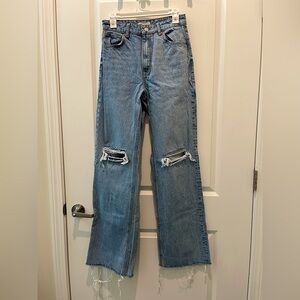 Zara Light Blue Ripped Straight Leg Jeans